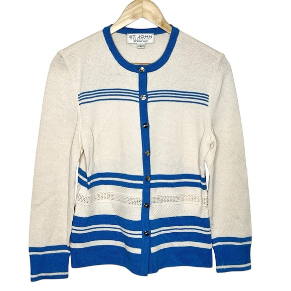 St John Collection By Marie Gray Santana Knit Cardigan Cream Blue Womens Size 2 - Picture 1 of 9